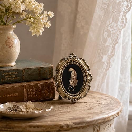 Dimurela Vintage Cheetah Leopard Small Oval Picture Frame, Dark Academia Black Bronze Photo Frame, Trendy Preppy Mini Tabletop Wall Decor Art for Shelf Desk Bedroom Living Room Girls Home 3.9x4.7in thumbnail 4