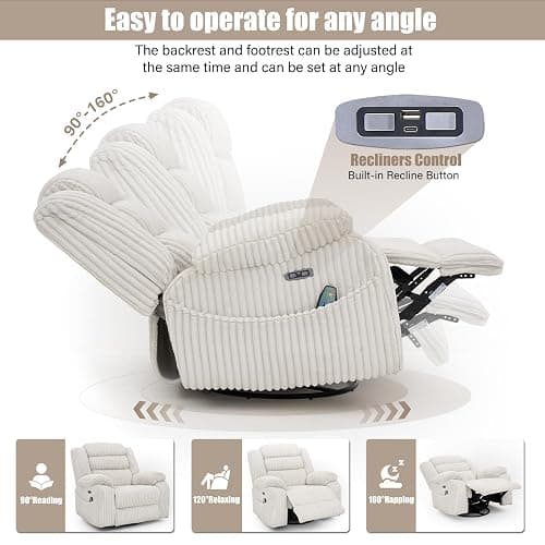 SINCRUMI Power Swivel Rocker Recliner Chair for Adults with Massage and Heat, USB and Type-C Charging Port, Infinite Position, Electric Glider Rocking Chairs for Living Room, Nursery, Pale Grey thumbnail 4