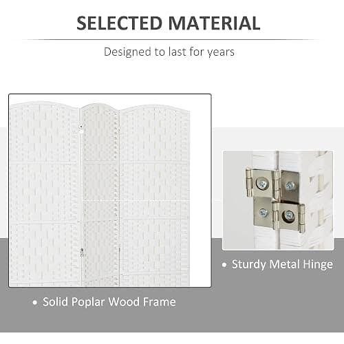HOMCOM Room Divider 4 Panel, 6FT Tall Folding Privacy Screen, Freestanding Hand-Woven Partition for Room Separation with 360° Hinges, Paper Rope Diamond Weave, White thumbnail 5