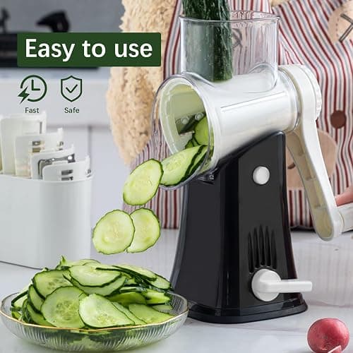 VEKAYA Cheese Grater, Cheese Grater Hand Crank, 5 in 1Replaceable Stainless Blades Rotary Cheese Grater, Mandoline Vegetable Slicer, Easy to Clean Cheese Shredder with Storage Box thumbnail 7