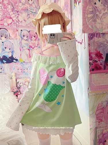 Womens Y2K Kawaii Print Sweatshirt Off Shoulder Lace Patchwork Tops Cute Japanese Graphic Casual T-Shirt thumbnail 2