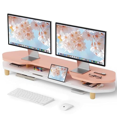AFOOYO 2 Tier Dual Monitor Stand Riser,Wider Board Computer Monitor Stand for 2 Monitors,Slot For Phone/Tablet Office Desktop Organizer for Laptop,PC,Computer,Printer,Pink - Image 1