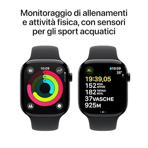 Apple Watch Series 10 GPS 46 mm Smartwatch con cassa in alluminio e cinturino Sport Loop Nero - M/L. Fitness tracker, app ECG, display Retina always-on, Carbon Neutral thumbnail 4