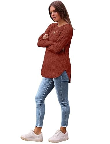 Saloogoe Long Sleeve Shirts for Women 2025 Fall Clothes Tunic Tops Loose Fit Dressy Crewneck Pullover Sweaters Curved Hem thumbnail 4