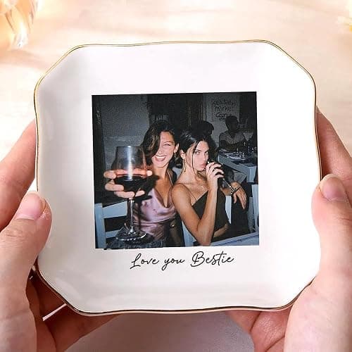 Hugsly Personalized Besties Photo Ring Dish, Custom Jewelry Dish Gift for Besties, Soul Sister Trinket Gift for Long Distance Friendship Women BFF Anniversary Birthday Wedding Gifts 1 thumbnail 3