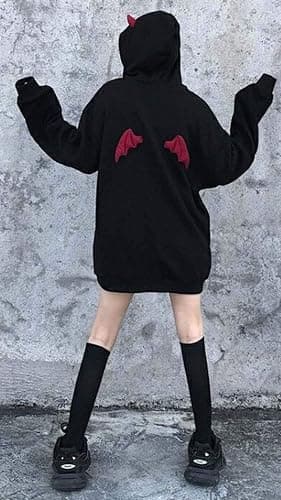 Womens Devil Wings Red Horn Sweatshirt Long Sleeve Hoodie Pullover Hooded Tops thumbnail 4