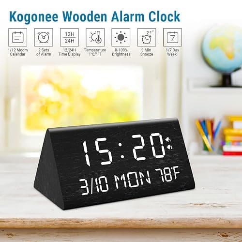 Kogonee Wooden Digital Alarm Clock, 0-100% Dimmer, 2 Alarm Settings, Weekday/Everyday Mode, 9 Mins Snooze, 12/24H, Temperature and Date Display for Office, Travel, Bedroom Alarm Clock (Black) thumbnail 8