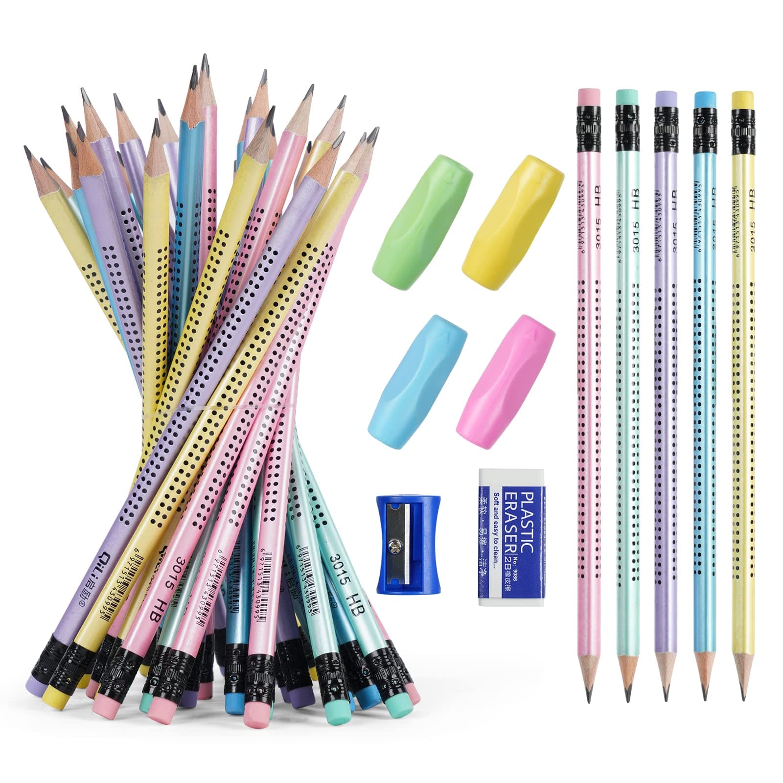 OFFCUP HB Pencils, 30 Pcs Rubber Pre-Sharpened Writing Pens with Rubber End, 4 Pencil Holder, Pencil Sharpener for School Kids, Handwriting and Drawing - Image 1
