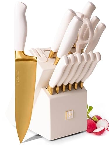 STYLED SETTINGS Gold Knife Set with Block Self Sharpening –14 Piece Gold and White Kitchen Knife Set with Built-In Sharpener, High Carbon Stainless Steel, Titanium Coated Blades, Luxury Kitchen - Off White Handle, Gold Blade & White Block