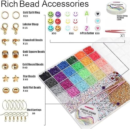YMSDZHL 6000+PCS Clay Beads Bracelet Making Kit,24 Color DIY Flat Preppy Beads for Friendship Jewelry Making,Polymer Heishi Beads with Charms Gifts for Teen Girls Crafts for Ages 4-12 thumbnail 4