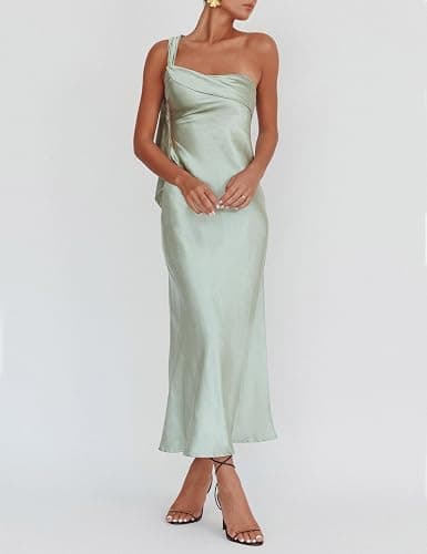 2026 Satin One Shoulder Maxi Dress for Women Summer Silk Formal Elegant Backless Ruffle Sleeveless Wedding Guest Dresses thumbnail 4
