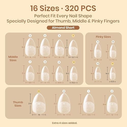 Beetles Gel Nail Tips Flat-X - Almond Short, 320pcs 16 Sizes, Pre-Etched Half Matte Full Cover Soft Acrylic Press on False Nail Extension Tips Easy DIY Salon for Flat & Natural Nail Beds thumbnail 6