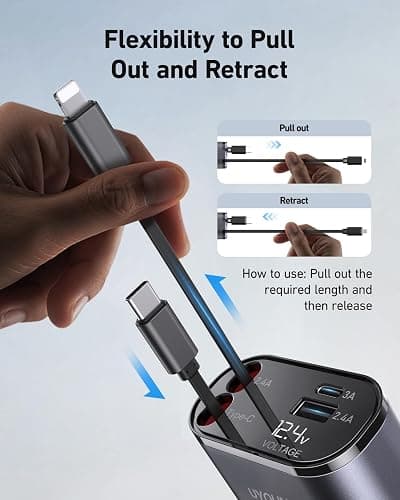 iPhone Car Charger, Retractable Fast Car Phone Charger 100w for CarPlay, 4 in 1 Car Charger Adapter with 2 Cables 31.5 Inch and 2 USB Ports, Compatible with iPhone 17/16/15/14/13/12/11 Pro/Samsung thumbnail 4