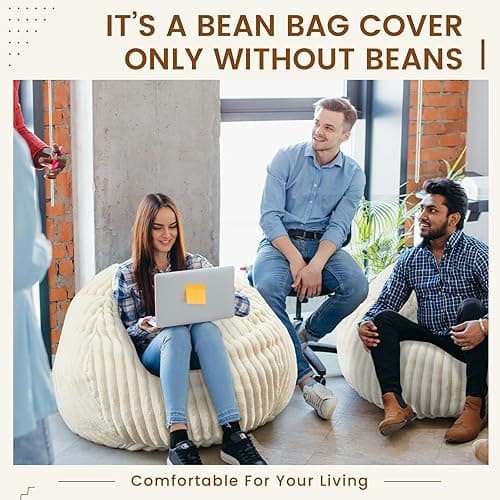 Honeydak Ribbed Rabbit Fur Stuffed Animal Storage Bean Bag Chair Cover (No Filler) Comfy Bean Bag Cover Without Filling or Home Bedroom Decor Organizing Plush Doll Textile Holder(Creamy White, L) thumbnail 6