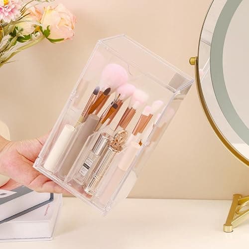 LOHRYVIO Acrylic Makeup Brush Holder with Slanted Flip-Top Lid - Clear Dustproof Cosmetic Make up Brush Organizer and Storage Box - Large Capacity 17-Slots Container for Vanity Brushes (Transparent) thumbnail 8