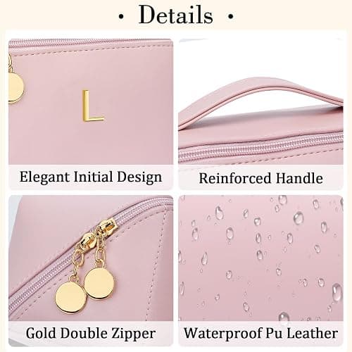 CLOUDWINGS Birthday Gifts for Women Teen Girl, Personalized Initial Makeup Organizer Bag Set, Open Flat Travel Cosmetic Bag With Clear Divider and Handle(Pink,L) thumbnail 5