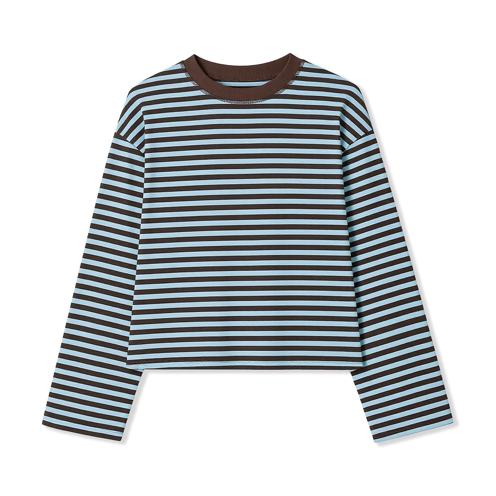 Women Oversized Striped Long Sleeve Shirt Y2k Crewneck Drop Shoulder Cropped Tees Teen Girls Baggy Sweatshirt - Image 1