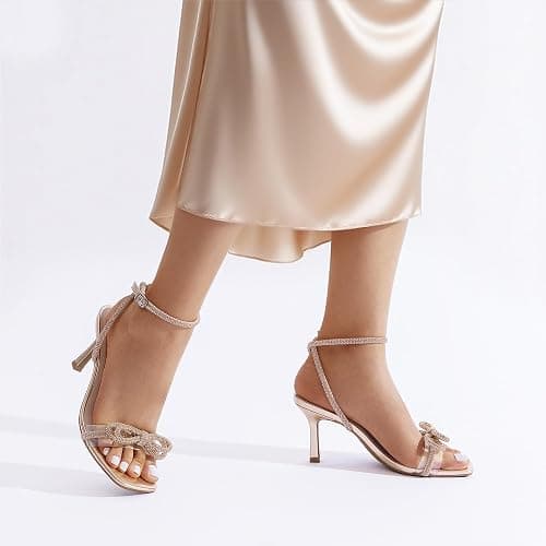 DREAM PAIRS Women's Double Bowknots Heels Open Square Toe Ankle Strap Crystal Rhinestone Dress Sandals for Party Wedding thumbnail 2