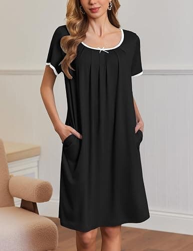 Ekouaer Moo Moos for Women Short Sleeve House Dresses with Pockets Pleated Mumu Dress Soft Nightgowns S-XXXL thumbnail 4