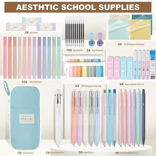 GUGUKUKU 58 PCS Aesthetic School Supplies with Cute Pencil Case,12 Pastel Highlighters, 5 Gel Pens Black Ink，9 Mechanical Pencils for，Student Stationary，CollegeEssentials Gifts (Blue) thumbnail 2