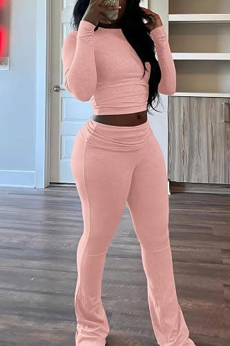 CLOCOR Womens 2 Piece Outfits Long Sleeve Flare Pants Matching Sets High Waist Fall Travel Outfits for Women thumbnail 3