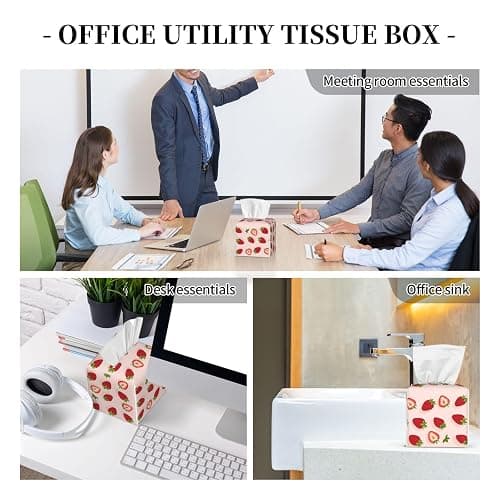 Tissue Box Cover, Pink Strawberry Pu Leather Square Tissue Holder, Waterproof Durable Facial Tissue Protector, Home Decor thumbnail 8