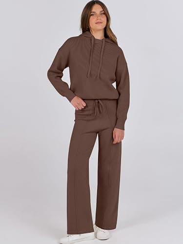 ANRABESS Women 2 Piece Outfits Sweater Sets Loose Long Sleeve Hoodies Knit Pullover Wide Leg Pants 2025 Fall Lounge Sweatsuit thumbnail 3