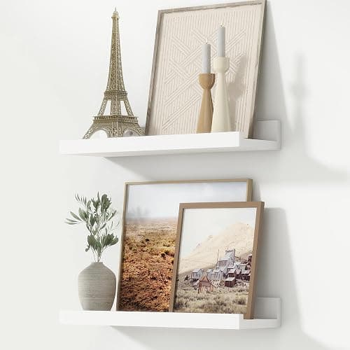 FLYJOE Picture Ledge Shelf, Floating Shelves Set of 2, 16 Inches Nursery Book Shelves for Toys Storage, Kids Bookshelf Wall Mounted for Living Room Bedroom Decor Books Photo Frames, White - Image 1