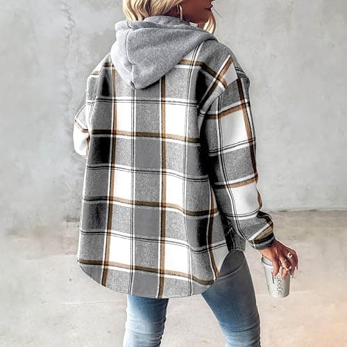 Flannel Jacket For Women Trendy - Fleece Lined Button Down Plaid Shacket Long Sleeve Hooded Jackets Fall Winter Coat thumbnail 5