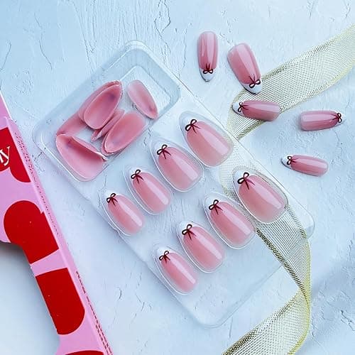 24Pcs Bow Press on Nails Short Almond French Tip Fake Nails Cute Bows Nails Design Holiday Glue on Nails White Nail Tips False Nails with Glue Handmade Nails for Women Valentines Manicure Decoration thumbnail 4