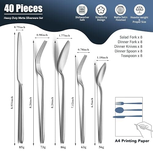 Heavy Duty Silverware Set, EIUBUIE 40-Piece Premium Stainless Steel Flatware Sets For 8, Matte Brushed Finish Cutlery Tableware Modern Kitchen Utensils Set for Home Restaurant, Dishwasher Safe thumbnail 2