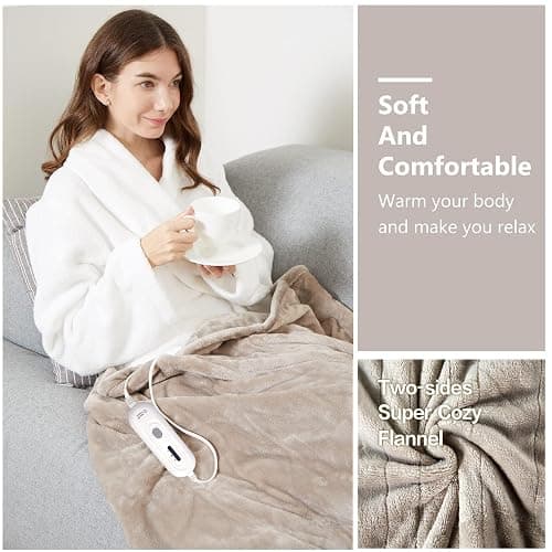 Tefici Electric Heated Blanket Throw, Super Cozy Soft 2-Layer Flannel 50" x 60" Heated Throw with 3 Heating Levels & 4 Hours Auto Off, Machine Washable, ETL&FCC Certified, Home Office Use,Camel thumbnail 7