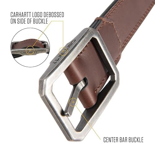 Carhartt mens Durable Full Grain Leather Reversible Center Bar Buckle Belt, W/Rugged Antique Nickel Hardware thumbnail 3