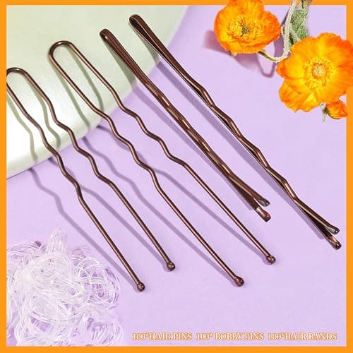 Teenitor 300pcs Bobby Pins Hair Pins Kit, 100 Hair Pin for Women 100 Bobby Pins Brown and 100 Hair Bands, Hair Pins for Buns 2inch 2.36inch 2.75inch thumbnail 4