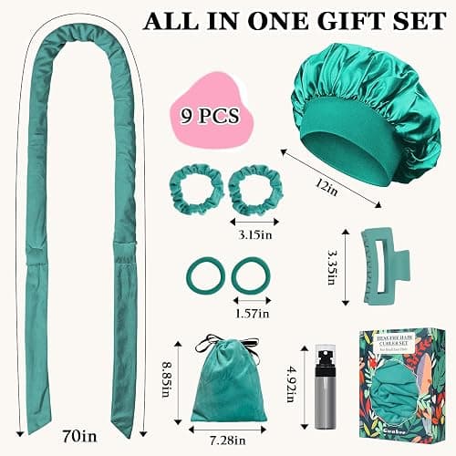 Gwabee No Heat Overnight Curl Headband, 70" Soft Ribbon Wrap for Long Hair, 9 PCS Hair Curling Rods Set - Blue Green thumbnail 5