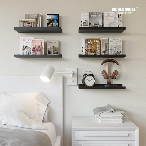 RICHER HOUSE 5 Set Floating Wall Mounted Shelves, Black Shelves for Wall Decor, Modern Picture Ledge Shelf with Lip for Storage, Nursery, Bedroom, Living Room, Bathroom - Black thumbnail 2