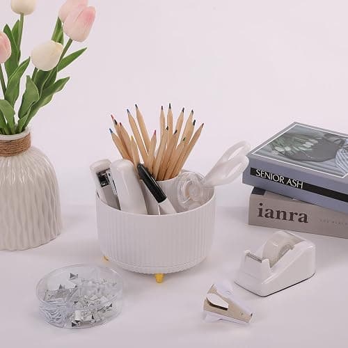 SKYDUE White Office Supplies Set, Office Desk Accessories 10PCS, Pencil Holder for Desk, Stapler, Tape Dispenser, Scissors, Ruler, Binder/Paper Clips and 1000pcs Staples,Desk Supplies Set thumbnail 6