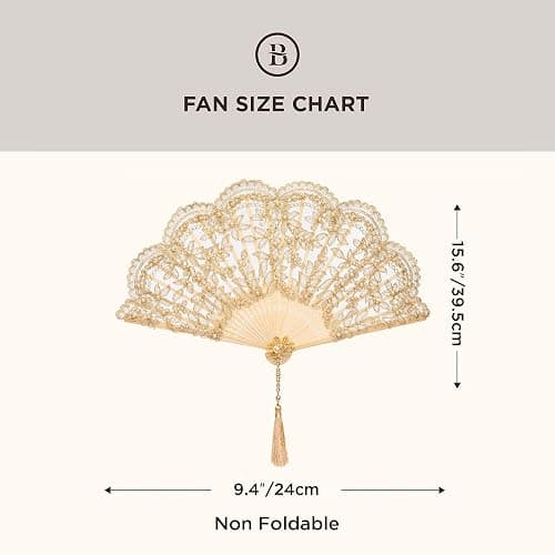 BABEYOND Lace Hand Fan Non-Foldable Vintage Bridal Handheld Fans with Rhinestone and Embroidered for Wedding Decoration Dancing Party (C-gold) thumbnail 2
