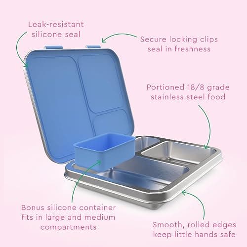 Bentgo Kids Stainless Steel Prints Leak-Resistant Lunch Box - 3-Compartments with Silicone Container, Durable, Eco-Friendly, Dishwasher Safe, BPA-Free, for School, Ages 3+ (Rainbows & Butterflies) thumbnail 7