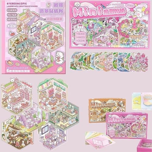 Pink Cozy Room 3D Sticker Scene Book, 1-Piece Miniature Craft Kit with Immersive Miniature Sticker Scenes for Kids and Adults thumbnail 3