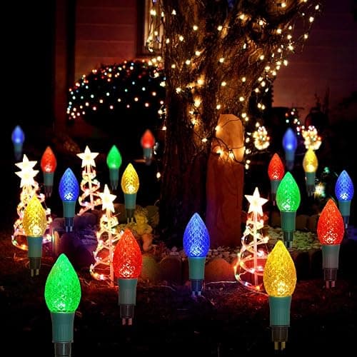 Newest Version 2 in 1 Outdoor Christmas Decorations and Solar Christmas Lights, 20-Pack Waterproof Solar C9 Strawberry Garden Stake Lights for Christmas Tree Garden Patio Yard Pathway thumbnail 9