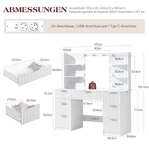 LUXOAK Schminktisch mit Spiegel & 10 LED-Lampen, Großer Frisiertisch mit Glasplatte & Steckdose, 7 Schubladen & Föhnhalterung, Moderner Kosmetiktisch für Schlafzimmer (Weiß, 120 x 39.8 x 136.4 cm) thumbnail 2