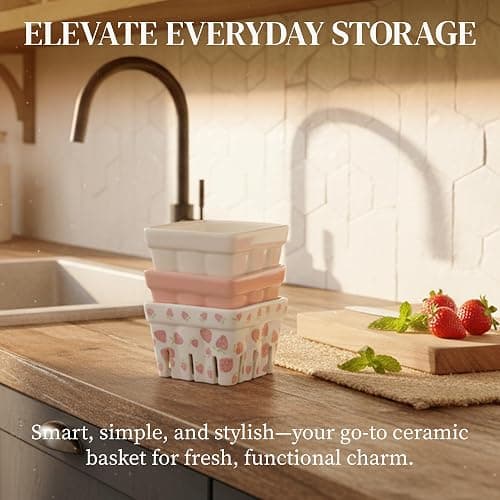 Ceramic Berry Basket, Farmhouse Colander, Strawberry Decor, Fruit Bowls, Fruit Baskets, Kawaii Strawberry Kitchen bowl, Pink White and Cute Strawberry pattern Stoneware Harvest Square Bowls Set of 4 thumbnail 3