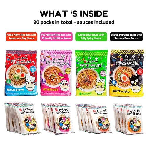 Hello Kitty x A-Sha Healthy Ramen Noodle Variety Pack (4 Flavors, 20 Count), Vegan, Air-Dried, 11g of Plant-Based Protein thumbnail 3