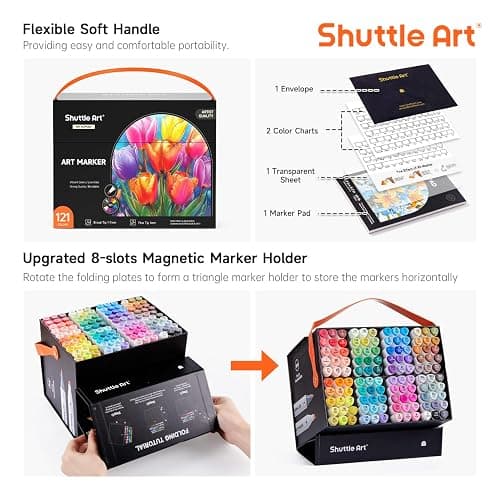Shuttle Art 121 Colors Alcohol Markers, 120 Colors Dual Tip Art Marker Set Plus 1 Colorless Blender with Marker Case Perfect for Illustration Students Adult Coloring Sketching thumbnail 5