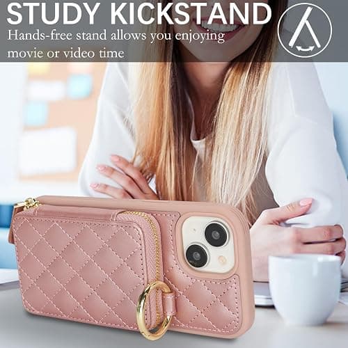 Hamany for iPhone 14 Case Wallet with Card Holder-Rose Gold | Phone case wallet with zipper with Slot Kickstand Stand Case for Women and Man 5G 6.1 Inch thumbnail 3