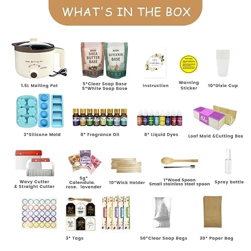 LFISGNN Deluxe Soap Making Kit for Adults DIY Soaps, DIY Soap Making Supplies Kits with Soap Melting Pot, Natural Soap Base, 8 Essential Oils, 8 Dyes, 4 Soap Molds, Packing and Supplies for Begineers thumbnail 2