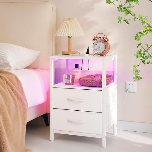 Yoobure Nightstand with Charging Station, LED Night Stand with Fabric Drawers and Storage Shelf for Bedroom, Nightstands Bedside Tables with USB Ports & Outlets, Small Night Stands, Bed Side Table thumbnail 9