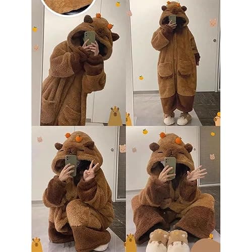 Whedai Unisex Capybara Costume Warm Flannel Cute Animal One-Piece Pajamas, Halloween Christmas Sleepwear Jumpsuit Pajamas Brown thumbnail 4
