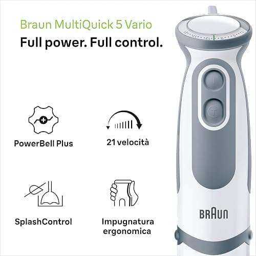 Braun Minipimer MultiQuick 5 Vario MQ5200 Frullatore ad Immersione, 21 Velocità, Preciso e Potente, Impugnatura Ergonomica, Dotato Bicchiere da 600 ml, Potenza 1000W, 1 accessorio, Bianco/Grigio thumbnail 3